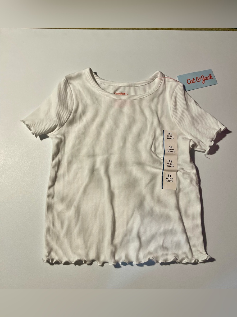 NWT Cat & Jack Toddler Girl White Ribbed Short Sleeve T-Shirt Size 5T Summer